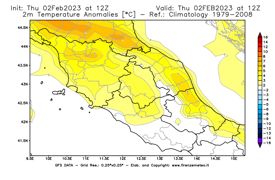 Mappa di analisi GFS - Anomalia Temperatura [°C] a 2 m in Centro-Italia
							del 02/02/2023 12 <!--googleoff: index-->UTC<!--googleon: index-->