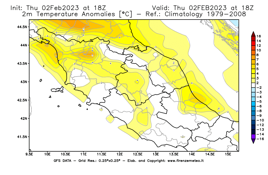 Mappa di analisi GFS - Anomalia Temperatura [°C] a 2 m in Centro-Italia
							del 02/02/2023 18 <!--googleoff: index-->UTC<!--googleon: index-->
