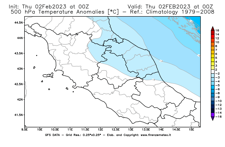 Mappa di analisi GFS - Anomalia Temperatura [°C] a 500 hPa in Centro-Italia
							del 02/02/2023 00 <!--googleoff: index-->UTC<!--googleon: index-->