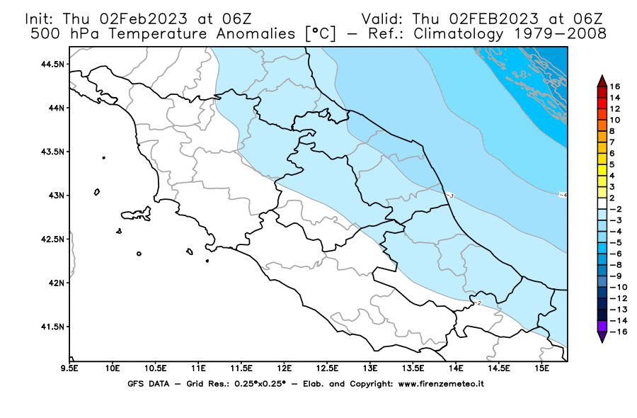 Mappa di analisi GFS - Anomalia Temperatura [°C] a 500 hPa in Centro-Italia
							del 02/02/2023 06 <!--googleoff: index-->UTC<!--googleon: index-->