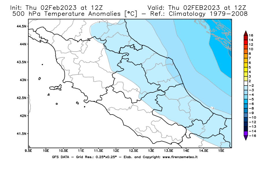 Mappa di analisi GFS - Anomalia Temperatura [°C] a 500 hPa in Centro-Italia
							del 02/02/2023 12 <!--googleoff: index-->UTC<!--googleon: index-->