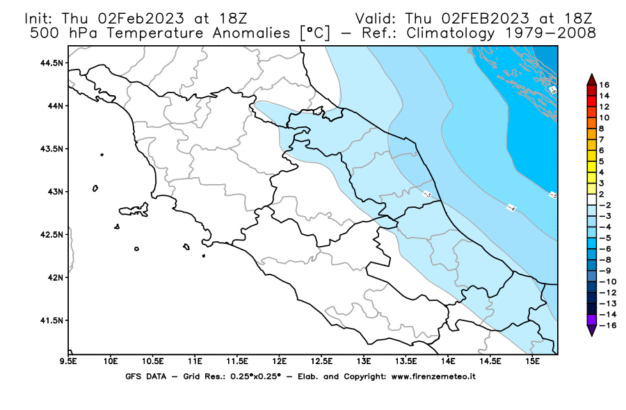 Mappa di analisi GFS - Anomalia Temperatura [°C] a 500 hPa in Centro-Italia
							del 02/02/2023 18 <!--googleoff: index-->UTC<!--googleon: index-->