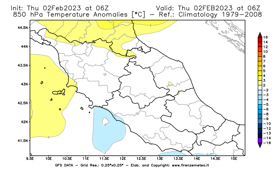 Mappa di analisi GFS - Anomalia Temperatura [°C] a 850 hPa in Centro-Italia
							del 02/02/2023 06 <!--googleoff: index-->UTC<!--googleon: index-->
