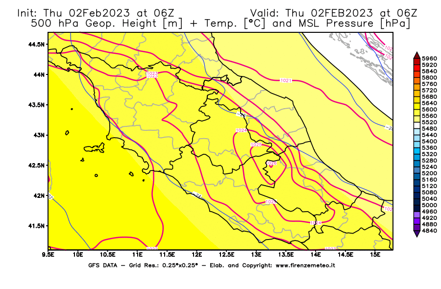 Mappa di analisi GFS - Geopotenziale [m] + Temp. [°C] a 500 hPa + Press. a livello del mare [hPa] in Centro-Italia
							del 02/02/2023 06 <!--googleoff: index-->UTC<!--googleon: index-->