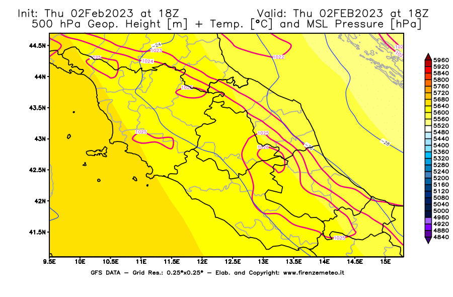Mappa di analisi GFS - Geopotenziale [m] + Temp. [°C] a 500 hPa + Press. a livello del mare [hPa] in Centro-Italia
							del 02/02/2023 18 <!--googleoff: index-->UTC<!--googleon: index-->