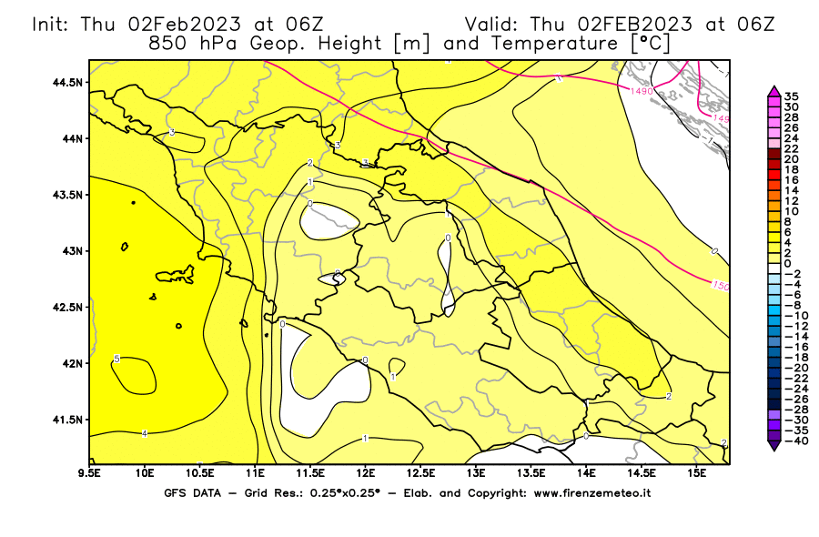 Mappa di analisi GFS - Geopotenziale [m] e Temperatura [°C] a 850 hPa in Centro-Italia
							del 02/02/2023 06 <!--googleoff: index-->UTC<!--googleon: index-->