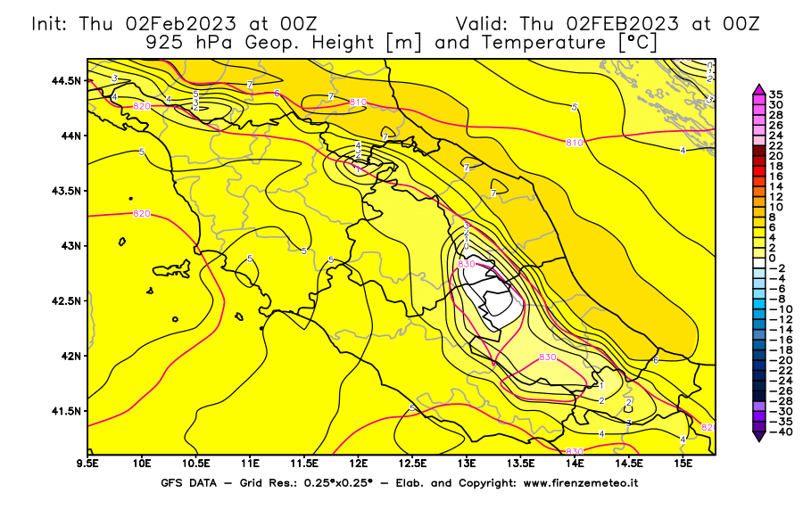 Mappa di analisi GFS - Geopotenziale [m] e Temperatura [°C] a 925 hPa in Centro-Italia
							del 02/02/2023 00 <!--googleoff: index-->UTC<!--googleon: index-->