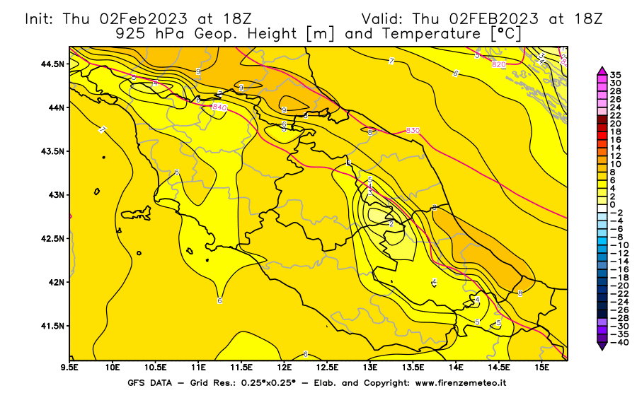 Mappa di analisi GFS - Geopotenziale [m] e Temperatura [°C] a 925 hPa in Centro-Italia
							del 02/02/2023 18 <!--googleoff: index-->UTC<!--googleon: index-->