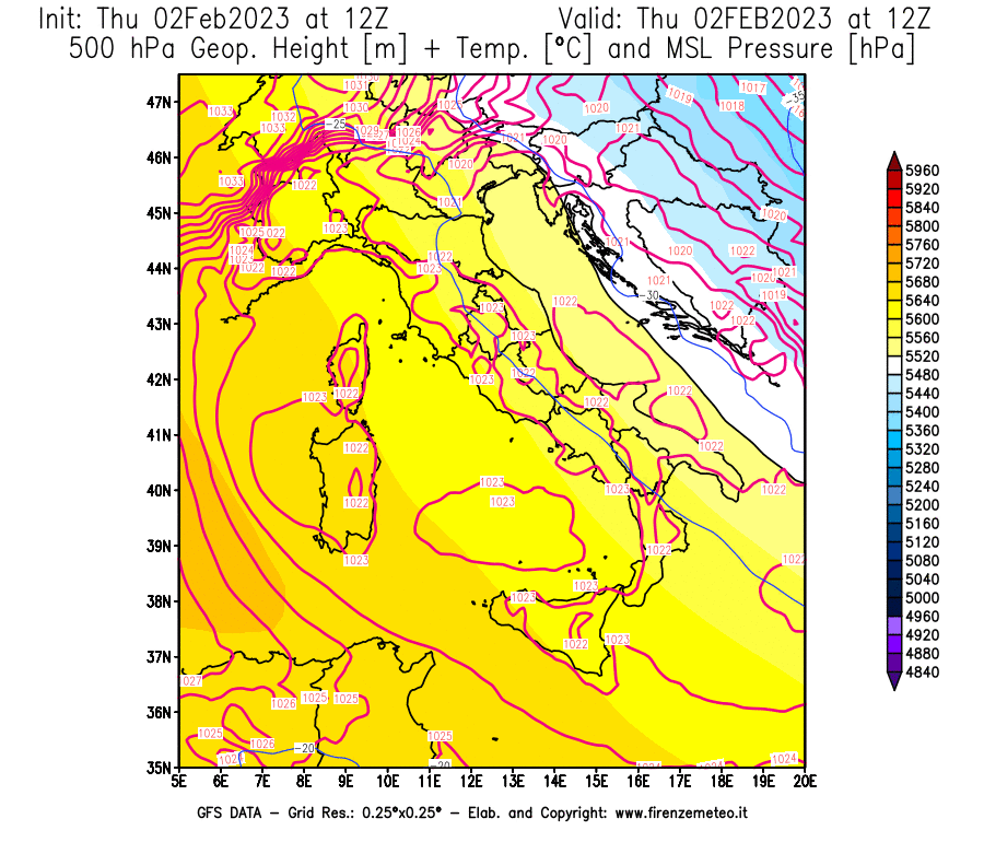 Mappa di analisi GFS - Geopotenziale [m] + Temp. [°C] a 500 hPa + Press. a livello del mare [hPa] in Italia
							del 02/02/2023 12 <!--googleoff: index-->UTC<!--googleon: index-->