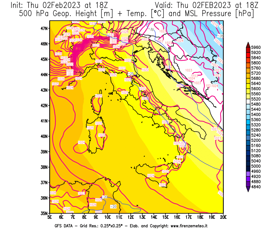 Mappa di analisi GFS - Geopotenziale [m] + Temp. [°C] a 500 hPa + Press. a livello del mare [hPa] in Italia
							del 02/02/2023 18 <!--googleoff: index-->UTC<!--googleon: index-->