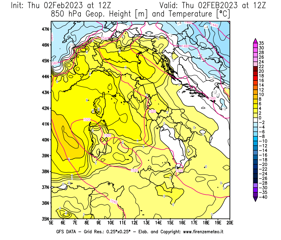 Mappa di analisi GFS - Geopotenziale [m] e Temperatura [°C] a 850 hPa in Italia
							del 02/02/2023 12 <!--googleoff: index-->UTC<!--googleon: index-->
