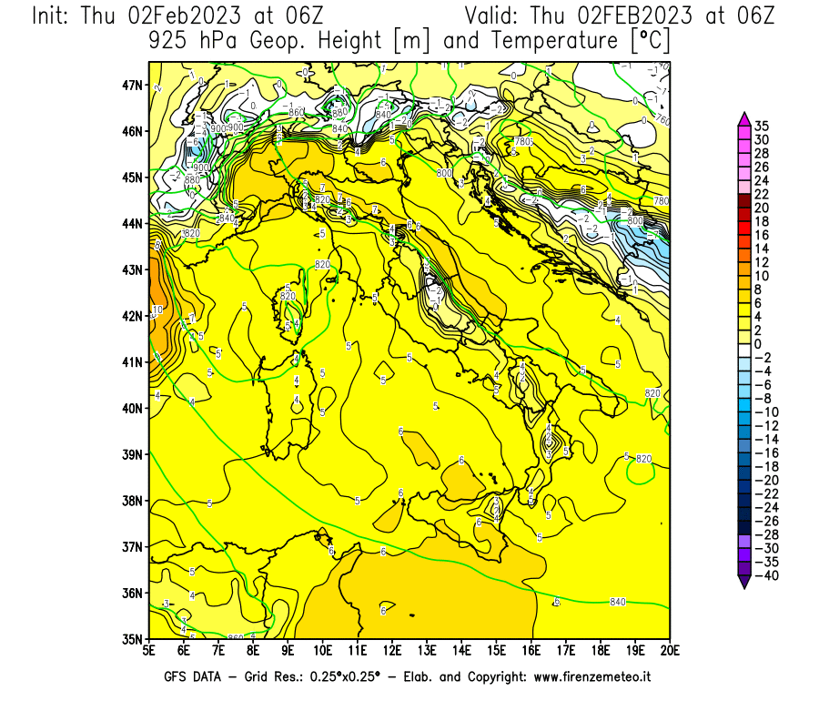 Mappa di analisi GFS - Geopotenziale [m] e Temperatura [°C] a 925 hPa in Italia
							del 02/02/2023 06 <!--googleoff: index-->UTC<!--googleon: index-->