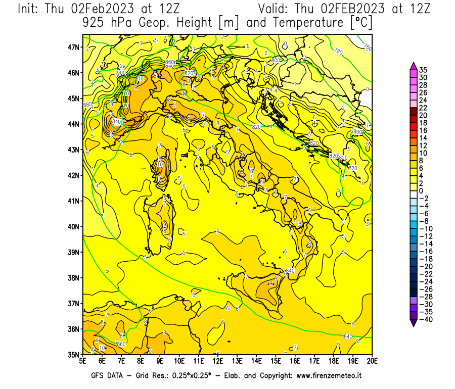 Mappa di analisi GFS - Geopotenziale [m] e Temperatura [°C] a 925 hPa in Italia
							del 02/02/2023 12 <!--googleoff: index-->UTC<!--googleon: index-->