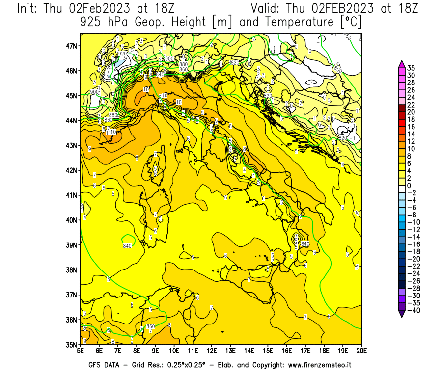 Mappa di analisi GFS - Geopotenziale [m] e Temperatura [°C] a 925 hPa in Italia
							del 02/02/2023 18 <!--googleoff: index-->UTC<!--googleon: index-->