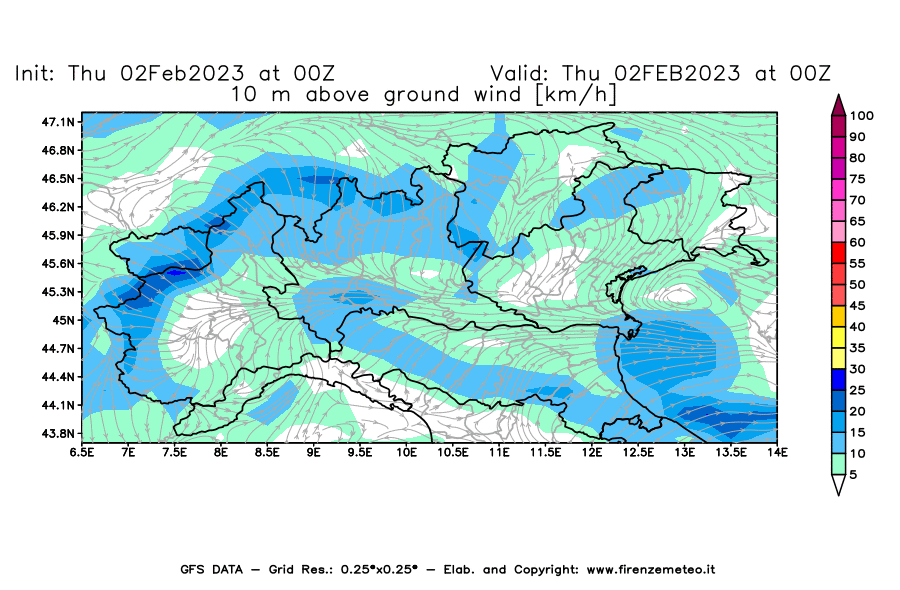 Mappa di analisi GFS - Velocità del vento a 10 metri dal suolo [km/h] in Nord-Italia
							del 02/02/2023 00 <!--googleoff: index-->UTC<!--googleon: index-->