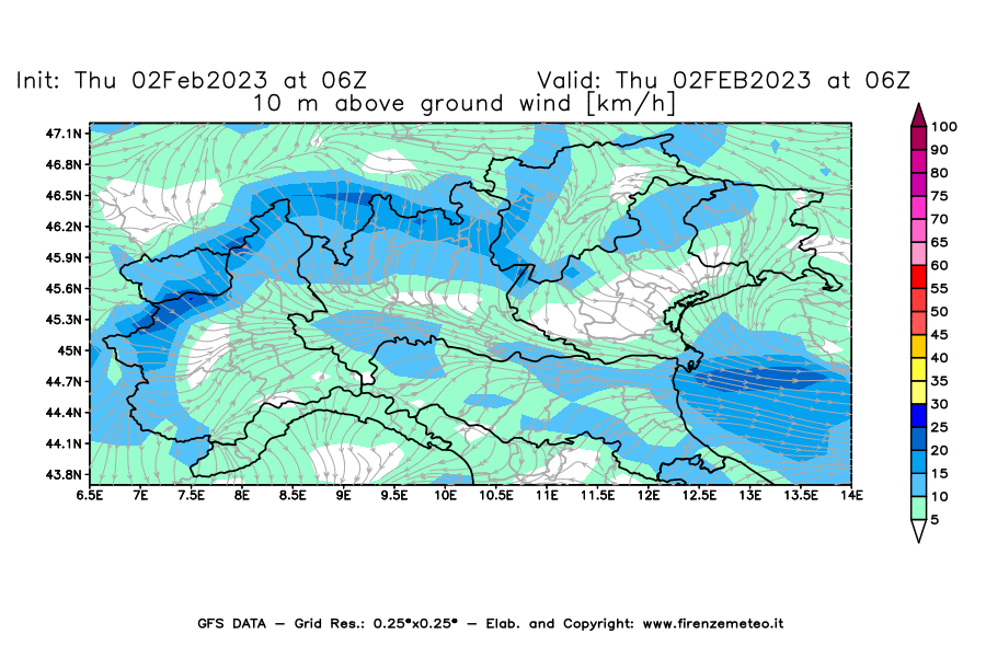 Mappa di analisi GFS - Velocità del vento a 10 metri dal suolo [km/h] in Nord-Italia
							del 02/02/2023 06 <!--googleoff: index-->UTC<!--googleon: index-->