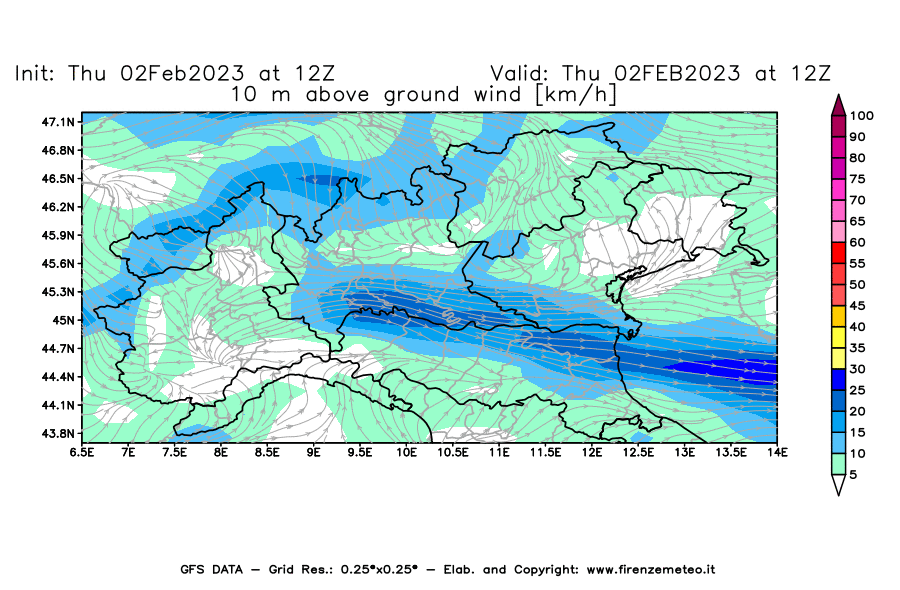 Mappa di analisi GFS - Velocità del vento a 10 metri dal suolo [km/h] in Nord-Italia
							del 02/02/2023 12 <!--googleoff: index-->UTC<!--googleon: index-->