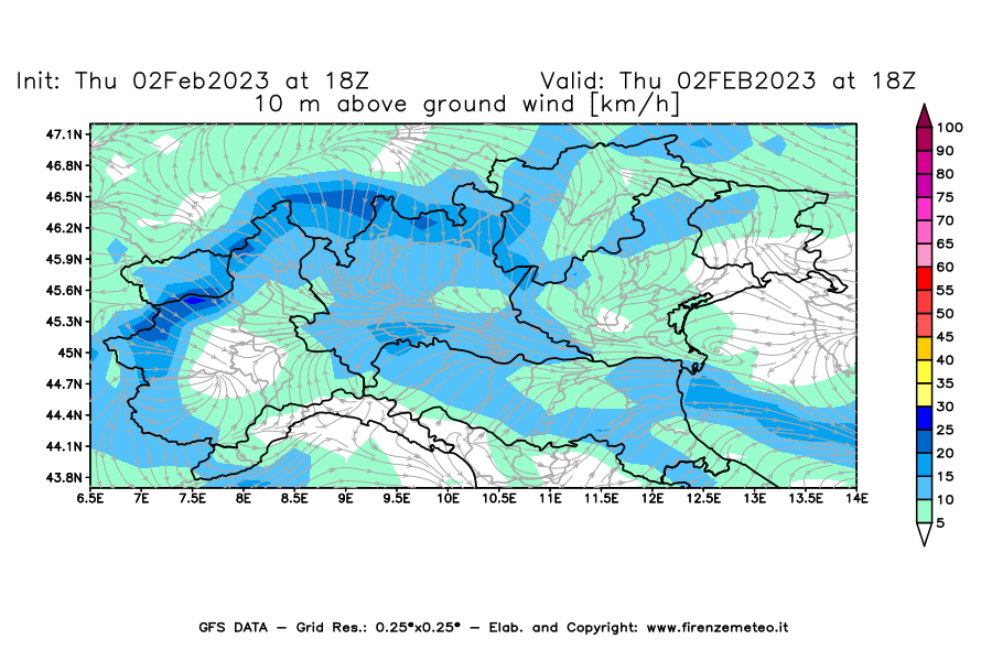 Mappa di analisi GFS - Velocità del vento a 10 metri dal suolo [km/h] in Nord-Italia
							del 02/02/2023 18 <!--googleoff: index-->UTC<!--googleon: index-->