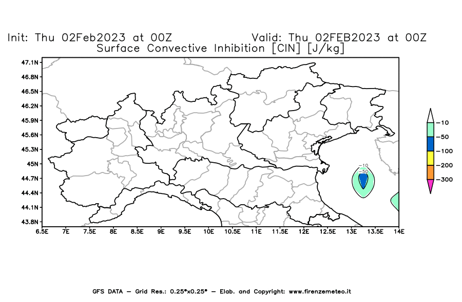 Mappa di analisi GFS - CIN [J/kg] in Nord-Italia
							del 02/02/2023 00 <!--googleoff: index-->UTC<!--googleon: index-->