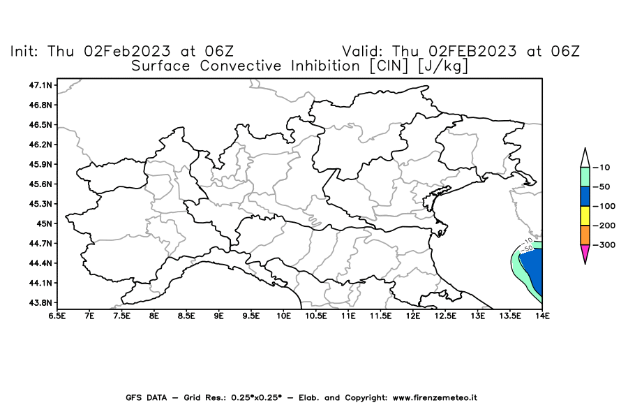 Mappa di analisi GFS - CIN [J/kg] in Nord-Italia
							del 02/02/2023 06 <!--googleoff: index-->UTC<!--googleon: index-->