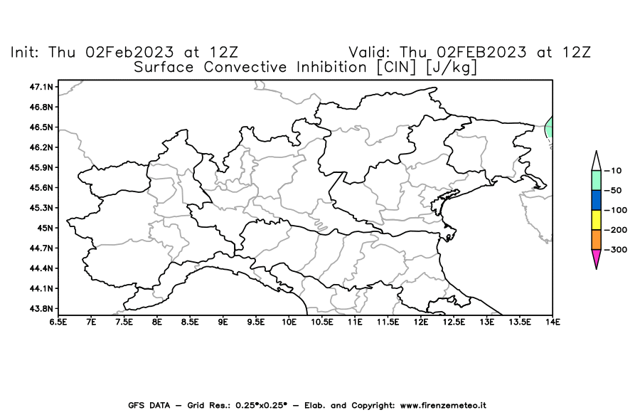 Mappa di analisi GFS - CIN [J/kg] in Nord-Italia
							del 02/02/2023 12 <!--googleoff: index-->UTC<!--googleon: index-->