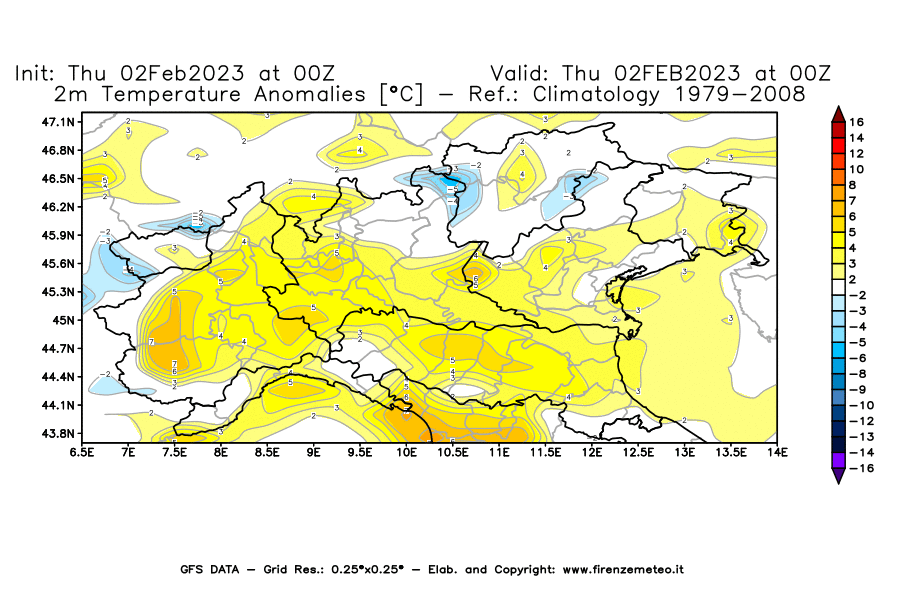 Mappa di analisi GFS - Anomalia Temperatura [°C] a 2 m in Nord-Italia
							del 02/02/2023 00 <!--googleoff: index-->UTC<!--googleon: index-->