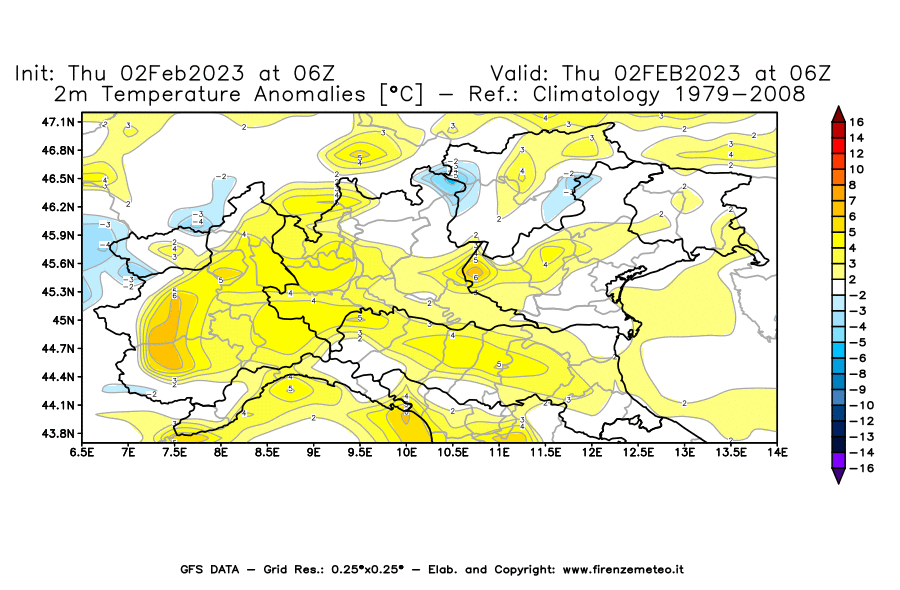 Mappa di analisi GFS - Anomalia Temperatura [°C] a 2 m in Nord-Italia
							del 02/02/2023 06 <!--googleoff: index-->UTC<!--googleon: index-->