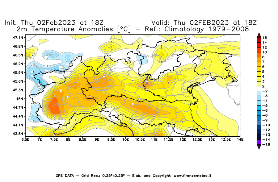 Mappa di analisi GFS - Anomalia Temperatura [°C] a 2 m in Nord-Italia
							del 02/02/2023 18 <!--googleoff: index-->UTC<!--googleon: index-->