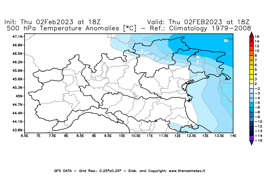 Mappa di analisi GFS - Anomalia Temperatura [°C] a 500 hPa in Nord-Italia
							del 02/02/2023 18 <!--googleoff: index-->UTC<!--googleon: index-->