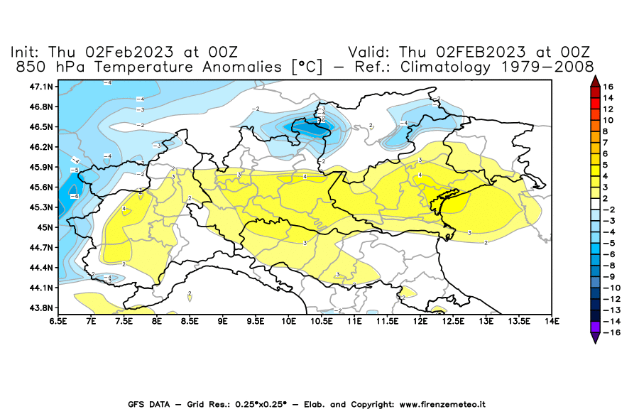 Mappa di analisi GFS - Anomalia Temperatura [°C] a 850 hPa in Nord-Italia
							del 02/02/2023 00 <!--googleoff: index-->UTC<!--googleon: index-->