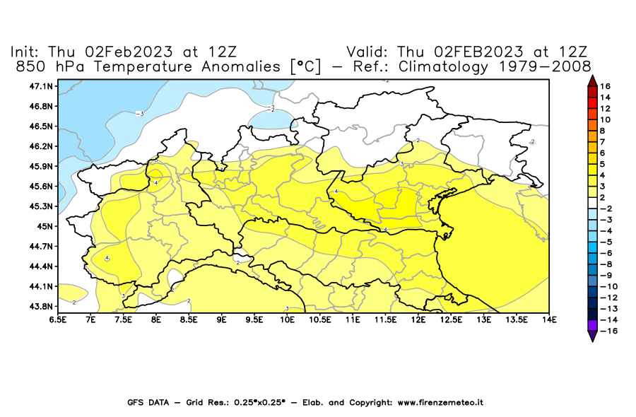 Mappa di analisi GFS - Anomalia Temperatura [°C] a 850 hPa in Nord-Italia
							del 02/02/2023 12 <!--googleoff: index-->UTC<!--googleon: index-->