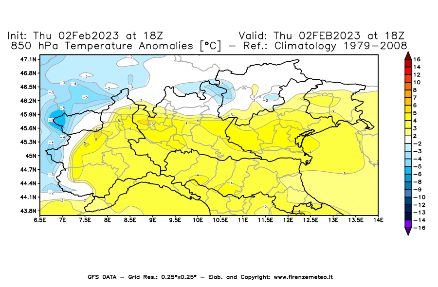 Mappa di analisi GFS - Anomalia Temperatura [°C] a 850 hPa in Nord-Italia
							del 02/02/2023 18 <!--googleoff: index-->UTC<!--googleon: index-->