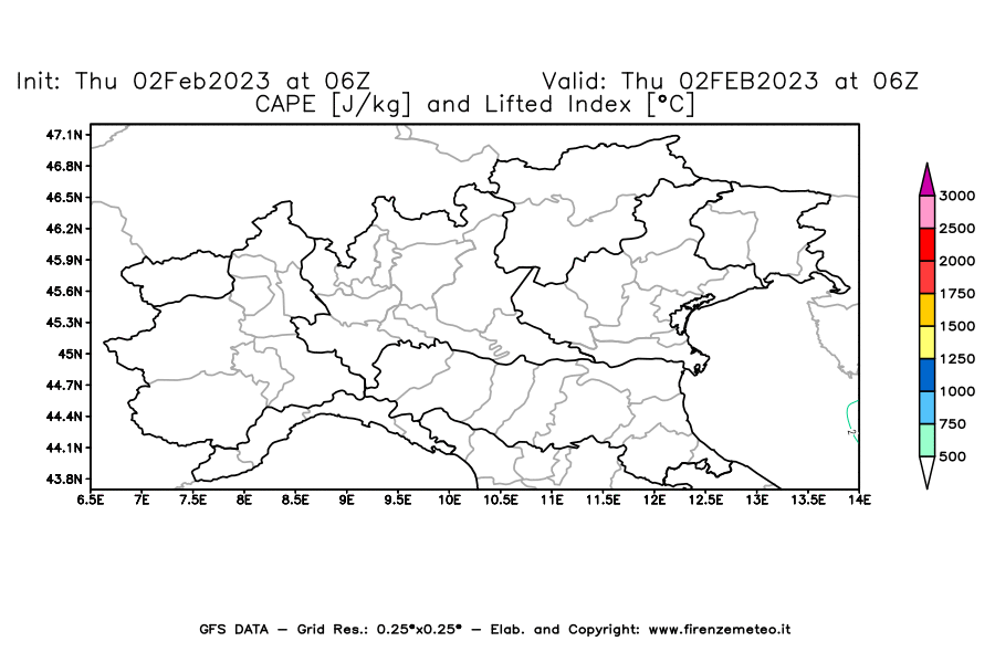 Mappa di analisi GFS - CAPE [J/kg] e Lifted Index [°C] in Nord-Italia
							del 02/02/2023 06 <!--googleoff: index-->UTC<!--googleon: index-->