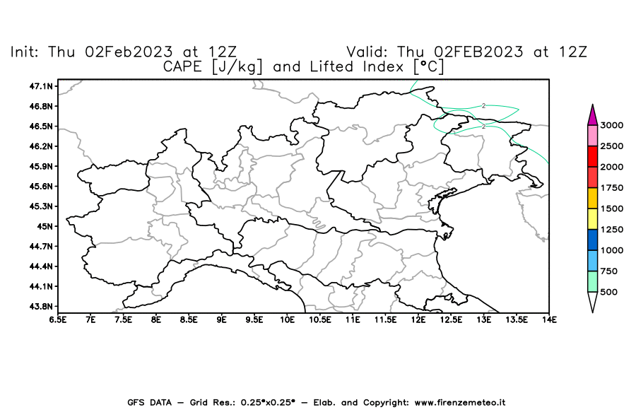 Mappa di analisi GFS - CAPE [J/kg] e Lifted Index [°C] in Nord-Italia
							del 02/02/2023 12 <!--googleoff: index-->UTC<!--googleon: index-->