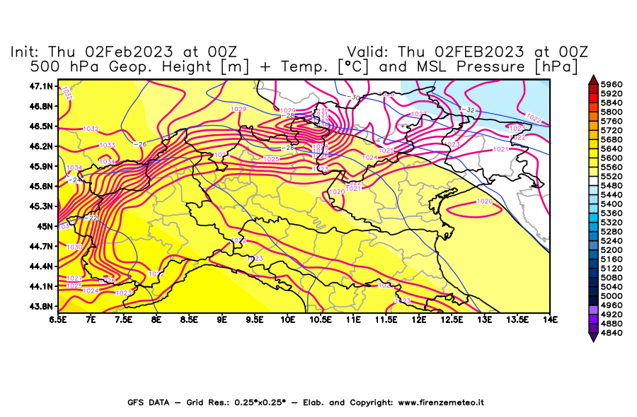 Mappa di analisi GFS - Geopotenziale [m] + Temp. [°C] a 500 hPa + Press. a livello del mare [hPa] in Nord-Italia
							del 02/02/2023 00 <!--googleoff: index-->UTC<!--googleon: index-->