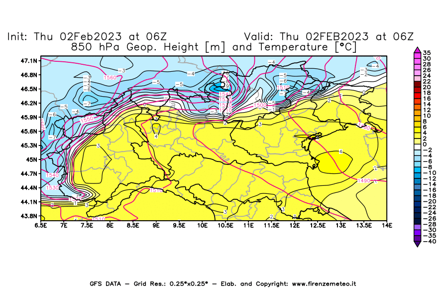 Mappa di analisi GFS - Geopotenziale [m] e Temperatura [°C] a 850 hPa in Nord-Italia
							del 02/02/2023 06 <!--googleoff: index-->UTC<!--googleon: index-->
