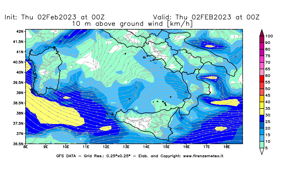 Mappa di analisi GFS - Velocità del vento a 10 metri dal suolo [km/h] in Sud-Italia
							del 02/02/2023 00 <!--googleoff: index-->UTC<!--googleon: index-->