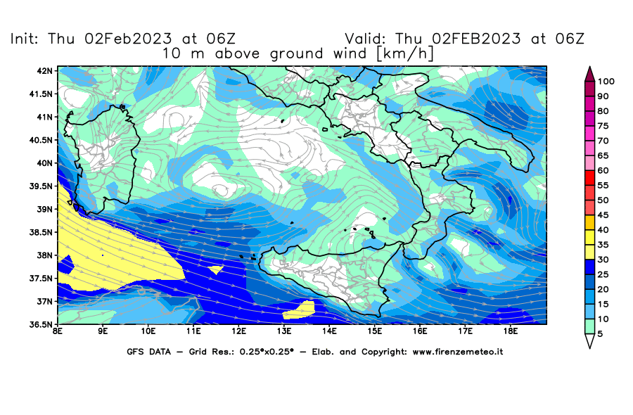 Mappa di analisi GFS - Velocità del vento a 10 metri dal suolo [km/h] in Sud-Italia
							del 02/02/2023 06 <!--googleoff: index-->UTC<!--googleon: index-->