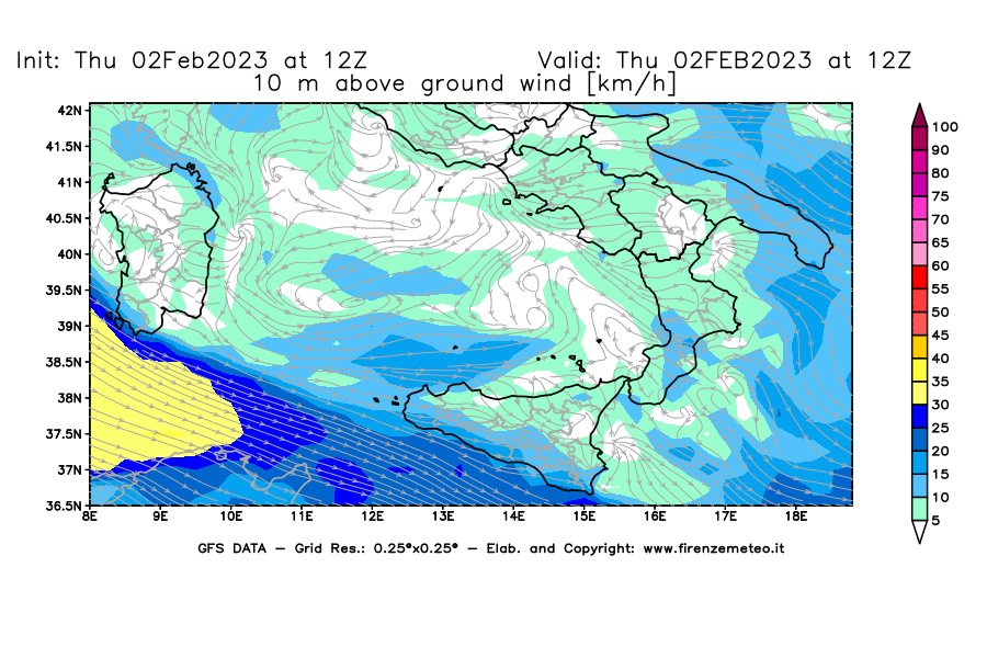Mappa di analisi GFS - Velocità del vento a 10 metri dal suolo [km/h] in Sud-Italia
							del 02/02/2023 12 <!--googleoff: index-->UTC<!--googleon: index-->
