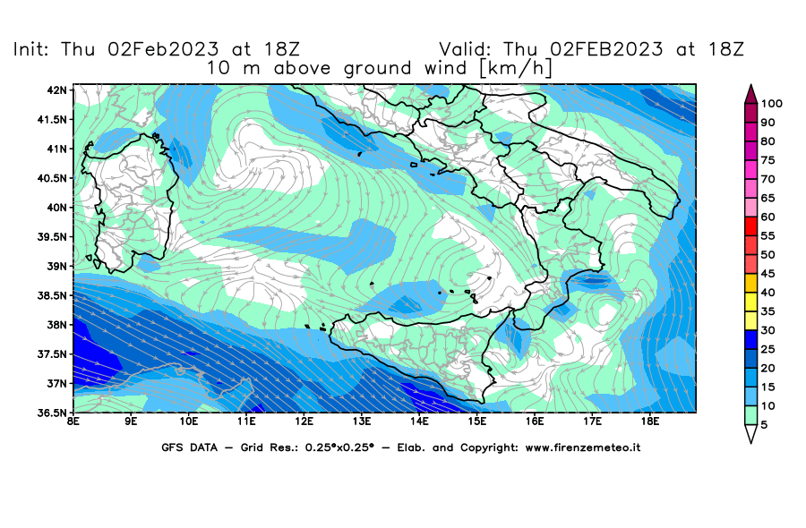 Mappa di analisi GFS - Velocità del vento a 10 metri dal suolo [km/h] in Sud-Italia
							del 02/02/2023 18 <!--googleoff: index-->UTC<!--googleon: index-->