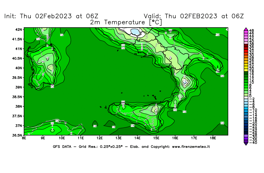 Mappa di analisi GFS - Temperatura a 2 metri dal suolo [°C] in Sud-Italia
							del 02/02/2023 06 <!--googleoff: index-->UTC<!--googleon: index-->
