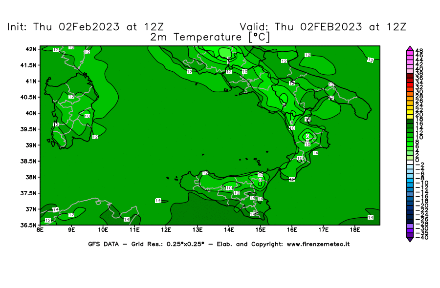 Mappa di analisi GFS - Temperatura a 2 metri dal suolo [°C] in Sud-Italia
							del 02/02/2023 12 <!--googleoff: index-->UTC<!--googleon: index-->