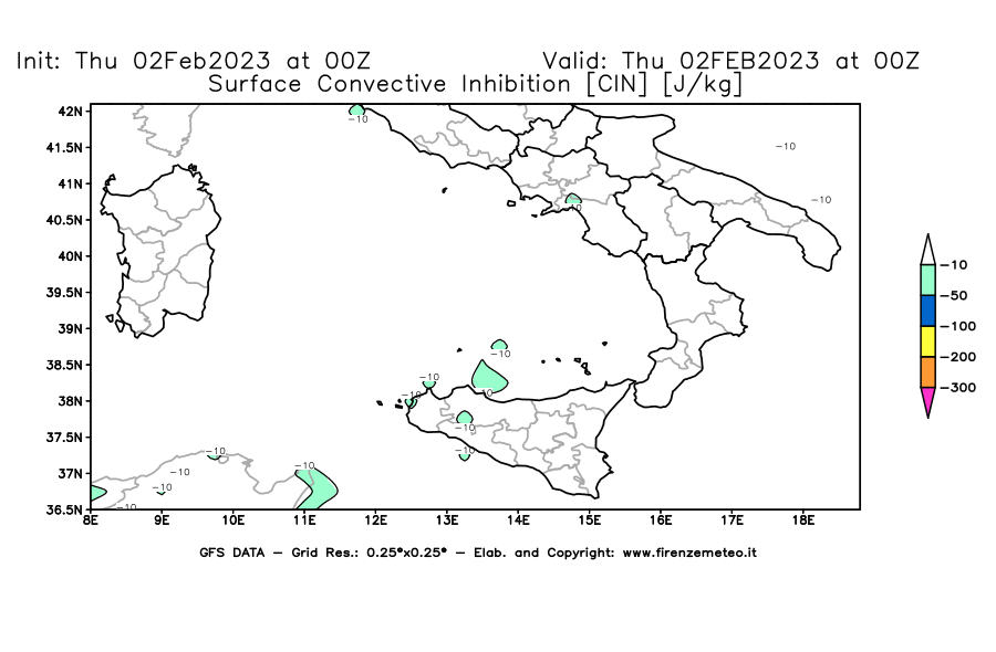 Mappa di analisi GFS - CIN [J/kg] in Sud-Italia
							del 02/02/2023 00 <!--googleoff: index-->UTC<!--googleon: index-->