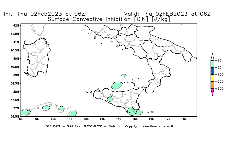 Mappa di analisi GFS - CIN [J/kg] in Sud-Italia
							del 02/02/2023 06 <!--googleoff: index-->UTC<!--googleon: index-->