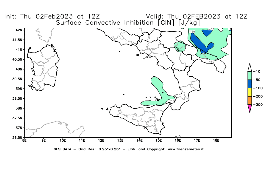 Mappa di analisi GFS - CIN [J/kg] in Sud-Italia
							del 02/02/2023 12 <!--googleoff: index-->UTC<!--googleon: index-->