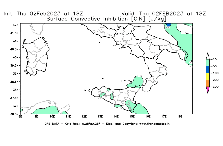 Mappa di analisi GFS - CIN [J/kg] in Sud-Italia
							del 02/02/2023 18 <!--googleoff: index-->UTC<!--googleon: index-->