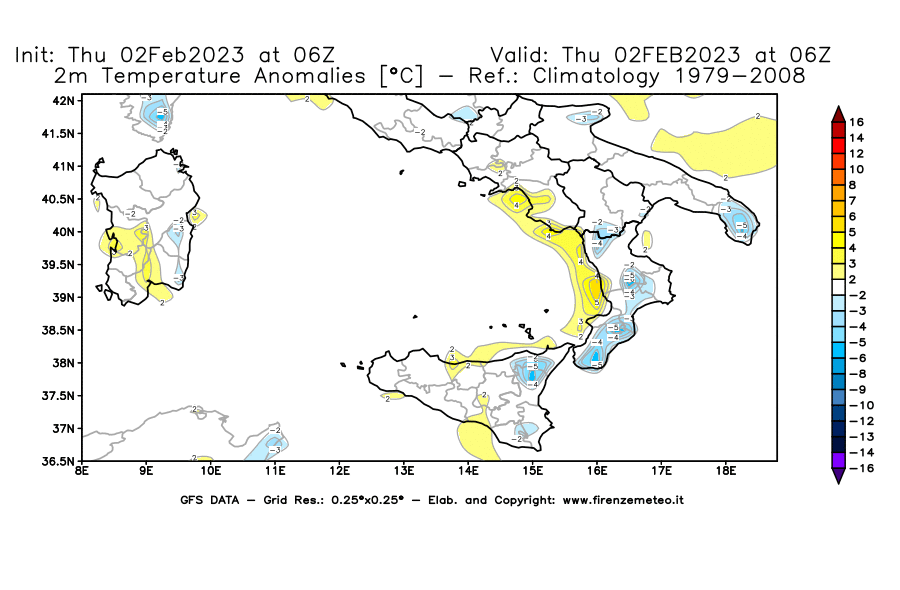 Mappa di analisi GFS - Anomalia Temperatura [°C] a 2 m in Sud-Italia
							del 02/02/2023 06 <!--googleoff: index-->UTC<!--googleon: index-->
