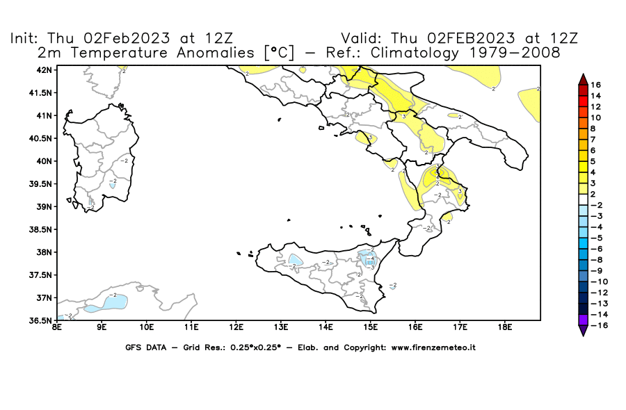 Mappa di analisi GFS - Anomalia Temperatura [°C] a 2 m in Sud-Italia
							del 02/02/2023 12 <!--googleoff: index-->UTC<!--googleon: index-->