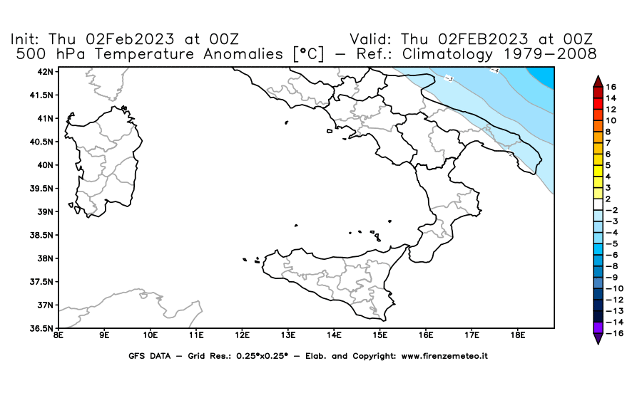 Mappa di analisi GFS - Anomalia Temperatura [°C] a 500 hPa in Sud-Italia
							del 02/02/2023 00 <!--googleoff: index-->UTC<!--googleon: index-->