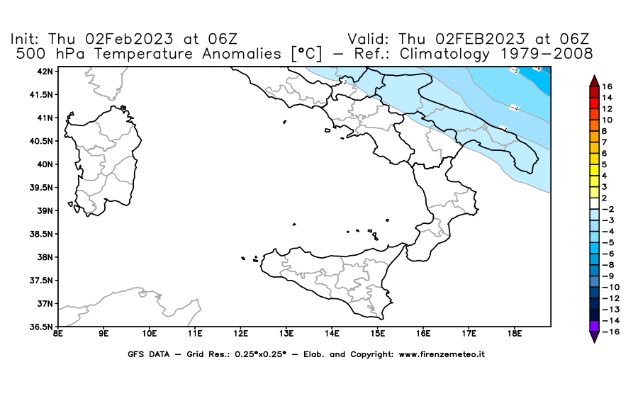 Mappa di analisi GFS - Anomalia Temperatura [°C] a 500 hPa in Sud-Italia
							del 02/02/2023 06 <!--googleoff: index-->UTC<!--googleon: index-->